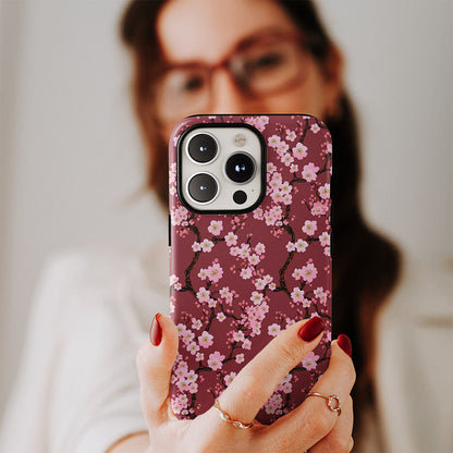 เคส iPhone Sakura แบบด้านแข็งพิมพ์ลายด้วยมือสองชั้น 