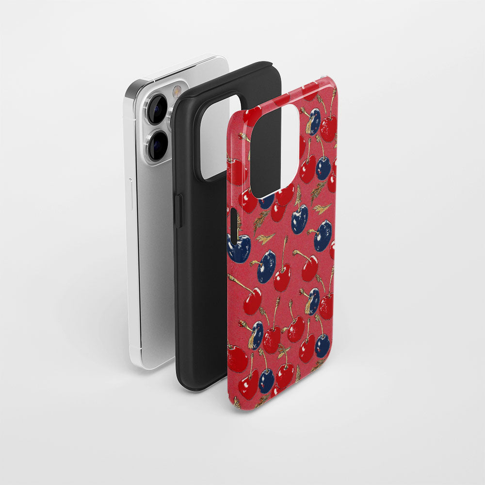 เคส iPhone สีเชอร์รี่ด้านเนื้อแข็งพิมพ์ลายด้วยมือสองชั้น