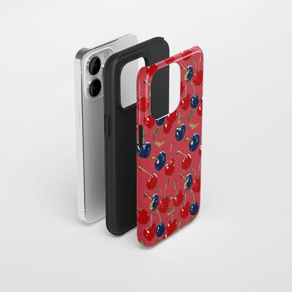 เคส iPhone สีเชอร์รี่ด้านเนื้อแข็งพิมพ์ลายด้วยมือสองชั้น