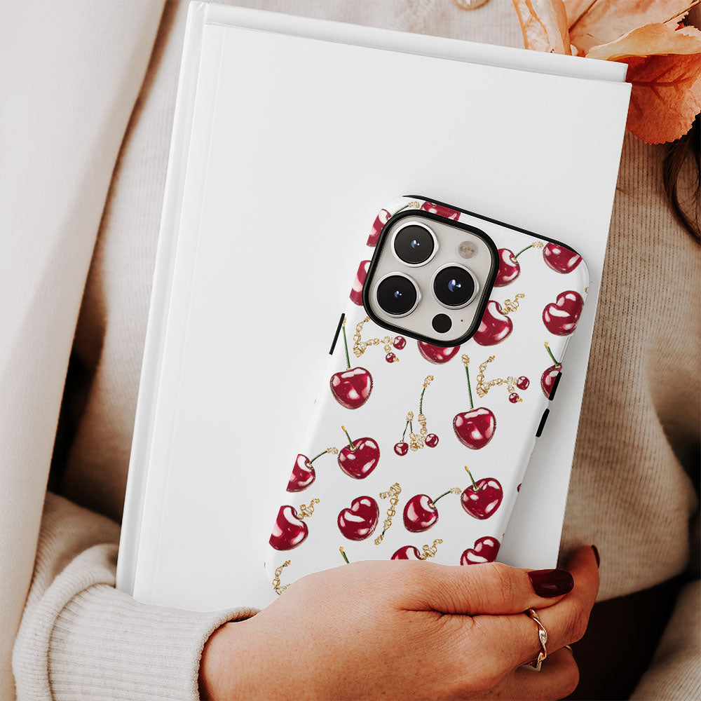 เคส iPhone สีเชอร์รี่ด้านเนื้อแข็งพิมพ์ลายด้วยมือสองชั้น