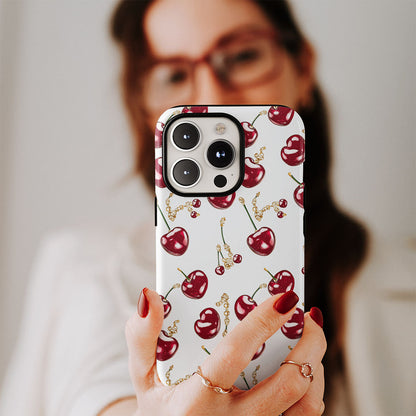 เคส iPhone สีเชอร์รี่ด้านเนื้อแข็งพิมพ์ลายด้วยมือสองชั้น