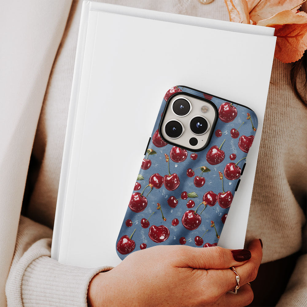 เคส iPhone สีเชอร์รี่ด้านเนื้อแข็งพิมพ์ลายด้วยมือสองชั้น
