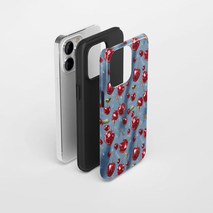 เคส iPhone สีเชอร์รี่ด้านเนื้อแข็งพิมพ์ลายด้วยมือสองชั้น