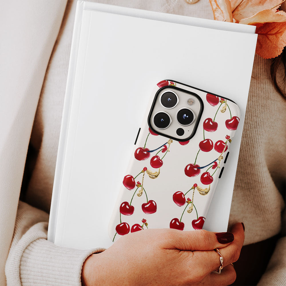 เคส iPhone สีเชอร์รี่ด้านเนื้อแข็งพิมพ์ลายด้วยมือสองชั้น