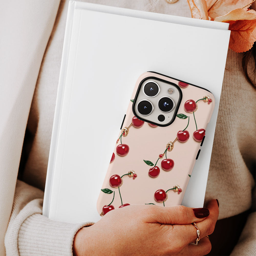 เคส iPhone สีเชอร์รี่ด้านเนื้อแข็งพิมพ์ลายด้วยมือสองชั้น