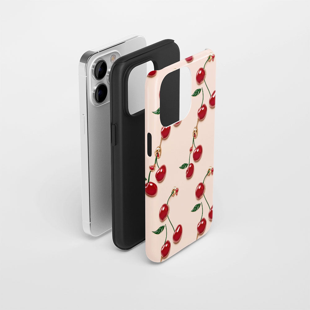 เคส iPhone สีเชอร์รี่ด้านเนื้อแข็งพิมพ์ลายด้วยมือสองชั้น
