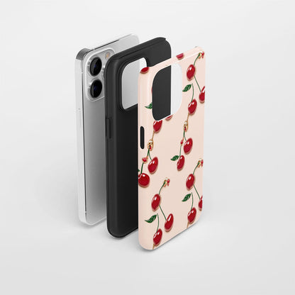 เคส iPhone สีเชอร์รี่ด้านเนื้อแข็งพิมพ์ลายด้วยมือสองชั้น
