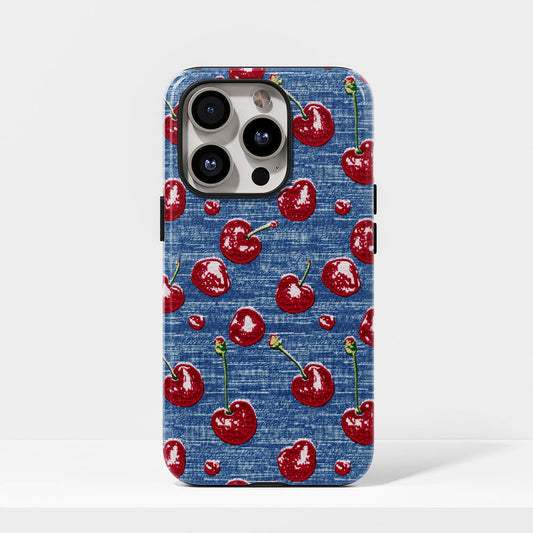 เคส iPhone สีเชอร์รี่ด้านเนื้อแข็งพิมพ์ลายด้วยมือสองชั้น