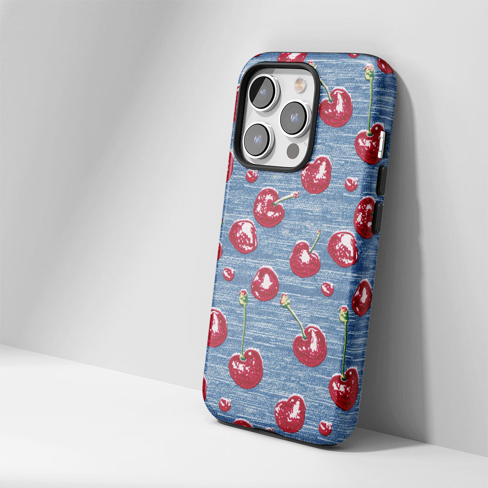 เคส iPhone สีเชอร์รี่ด้านเนื้อแข็งพิมพ์ลายด้วยมือสองชั้น