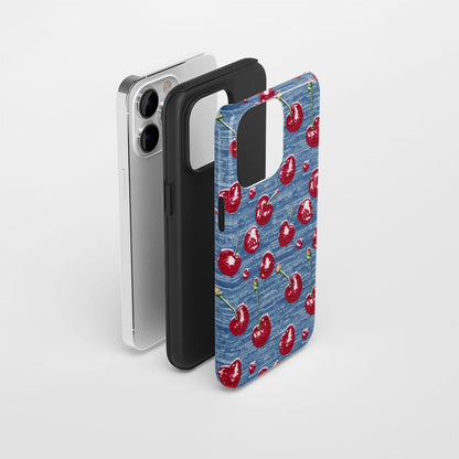 เคส iPhone สีเชอร์รี่ด้านเนื้อแข็งพิมพ์ลายด้วยมือสองชั้น