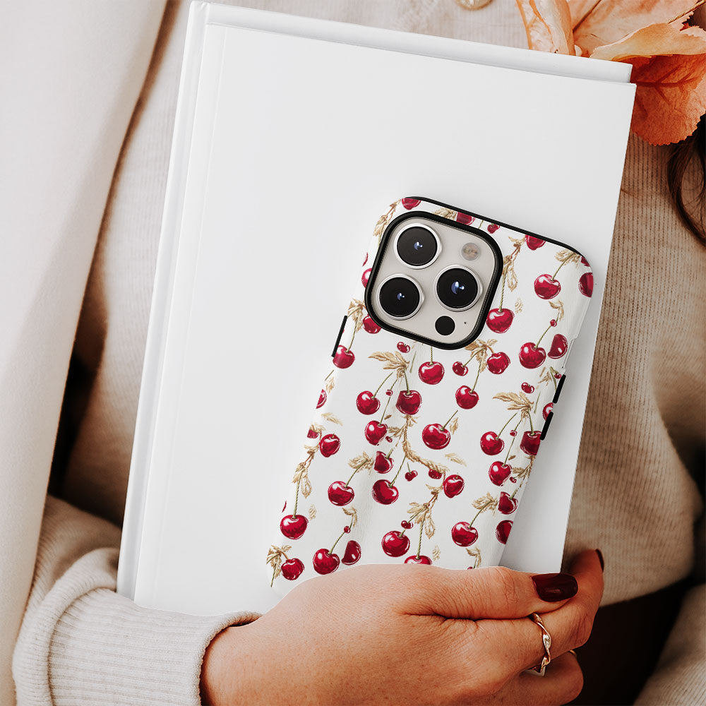 เคส iPhone สีเชอร์รี่ด้านเนื้อแข็งพิมพ์ลายด้วยมือสองชั้น