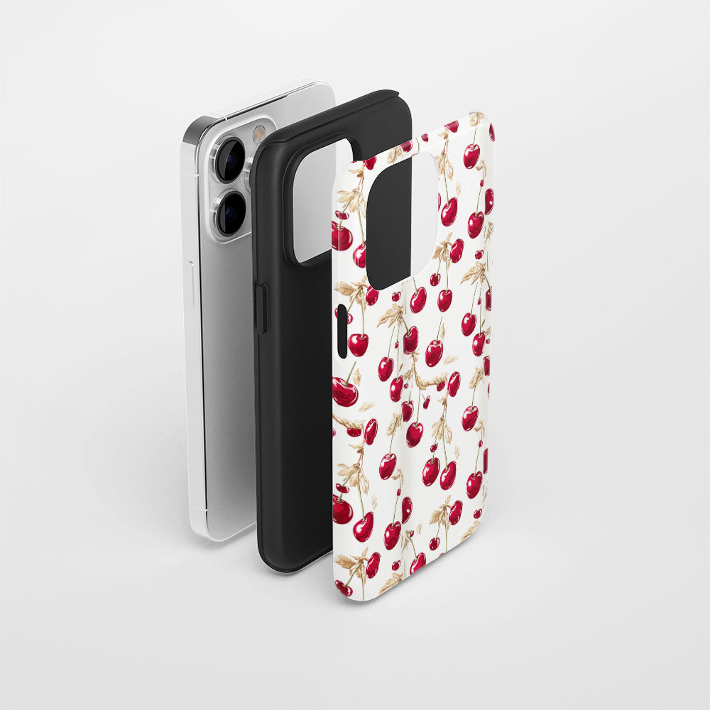 เคส iPhone สีเชอร์รี่ด้านเนื้อแข็งพิมพ์ลายด้วยมือสองชั้น