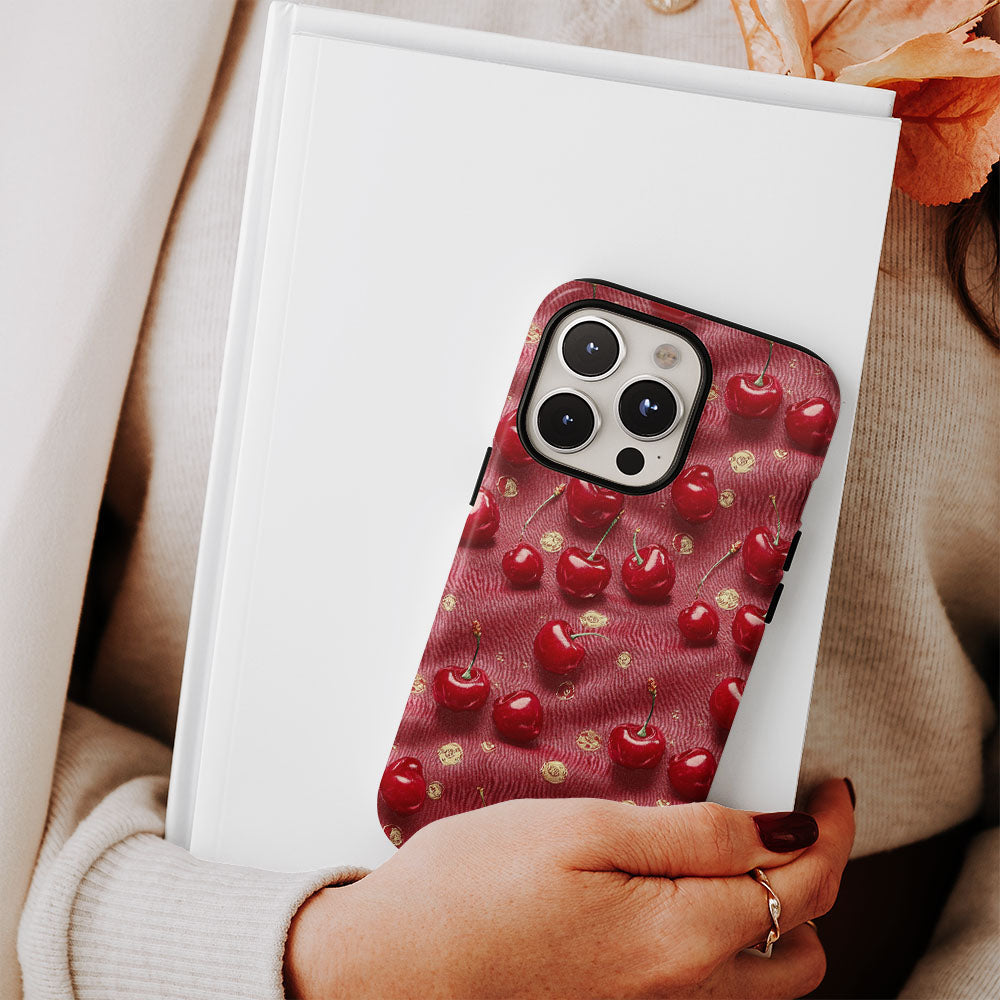 เคส iPhone สีเชอร์รี่ด้านเนื้อแข็งพิมพ์ลายด้วยมือสองชั้น