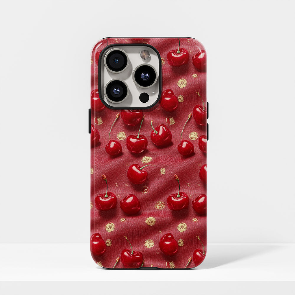 เคส iPhone สีเชอร์รี่ด้านเนื้อแข็งพิมพ์ลายด้วยมือสองชั้น