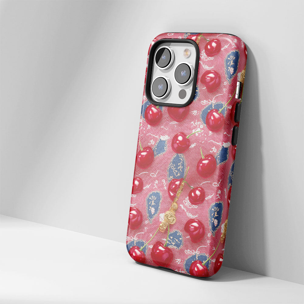 เคส iPhone สีเชอร์รี่ด้านเนื้อแข็งพิมพ์ลายด้วยมือสองชั้น