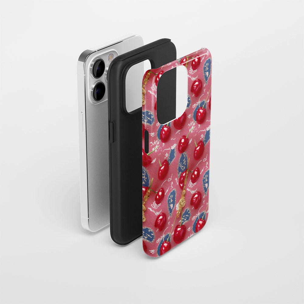 เคส iPhone สีเชอร์รี่ด้านเนื้อแข็งพิมพ์ลายด้วยมือสองชั้น