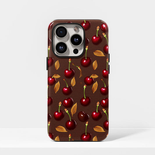 เคส iPhone สีเชอร์รี่ด้านเนื้อแข็งพิมพ์ลายด้วยมือสองชั้น