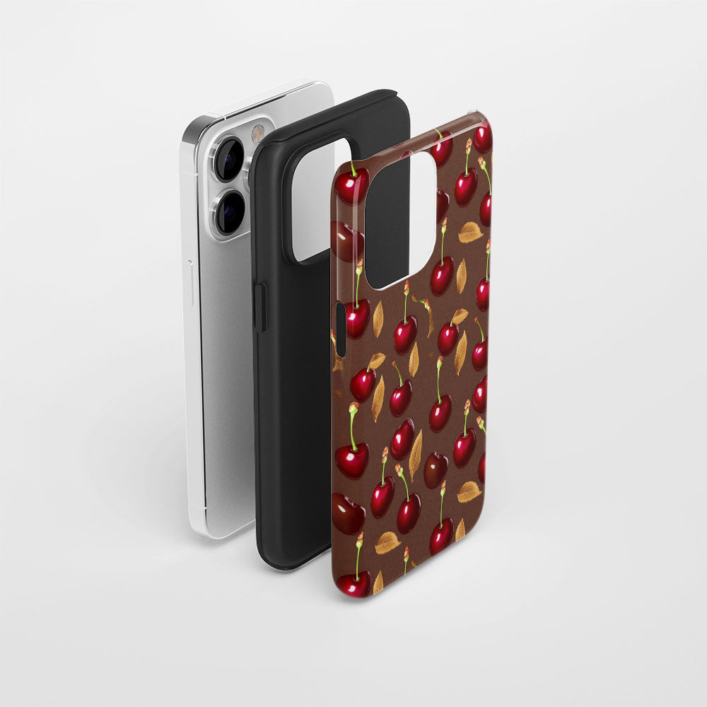 เคส iPhone สีเชอร์รี่ด้านเนื้อแข็งพิมพ์ลายด้วยมือสองชั้น