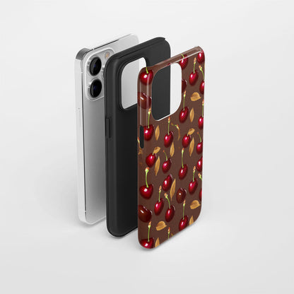 เคส iPhone สีเชอร์รี่ด้านเนื้อแข็งพิมพ์ลายด้วยมือสองชั้น