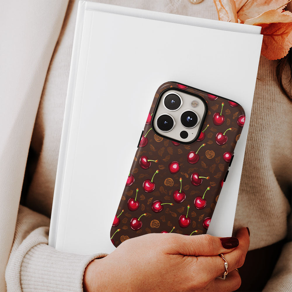 เคส iPhone สีเชอร์รี่ด้านเนื้อแข็งพิมพ์ลายด้วยมือสองชั้น