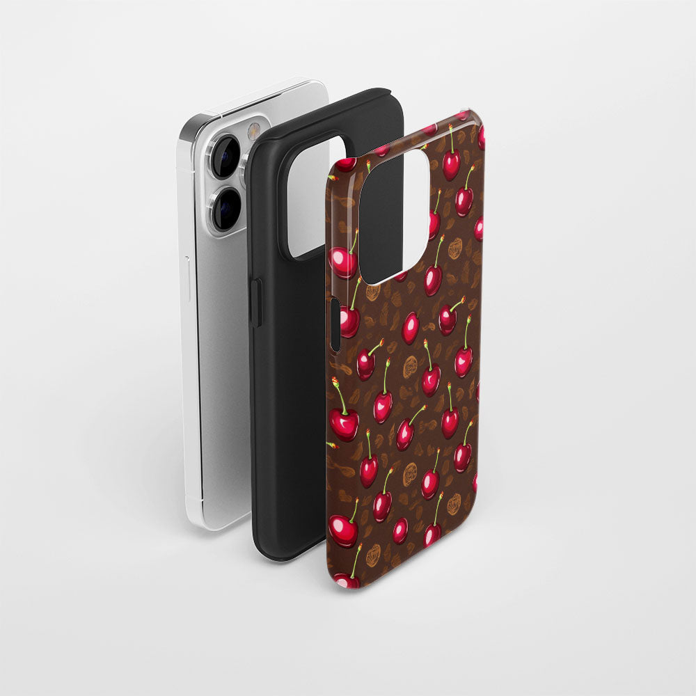 เคส iPhone สีเชอร์รี่ด้านเนื้อแข็งพิมพ์ลายด้วยมือสองชั้น