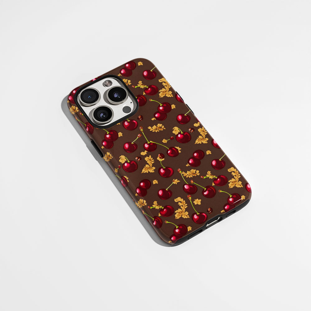 เคส iPhone สีเชอร์รี่ด้านเนื้อแข็งพิมพ์ลายด้วยมือสองชั้น