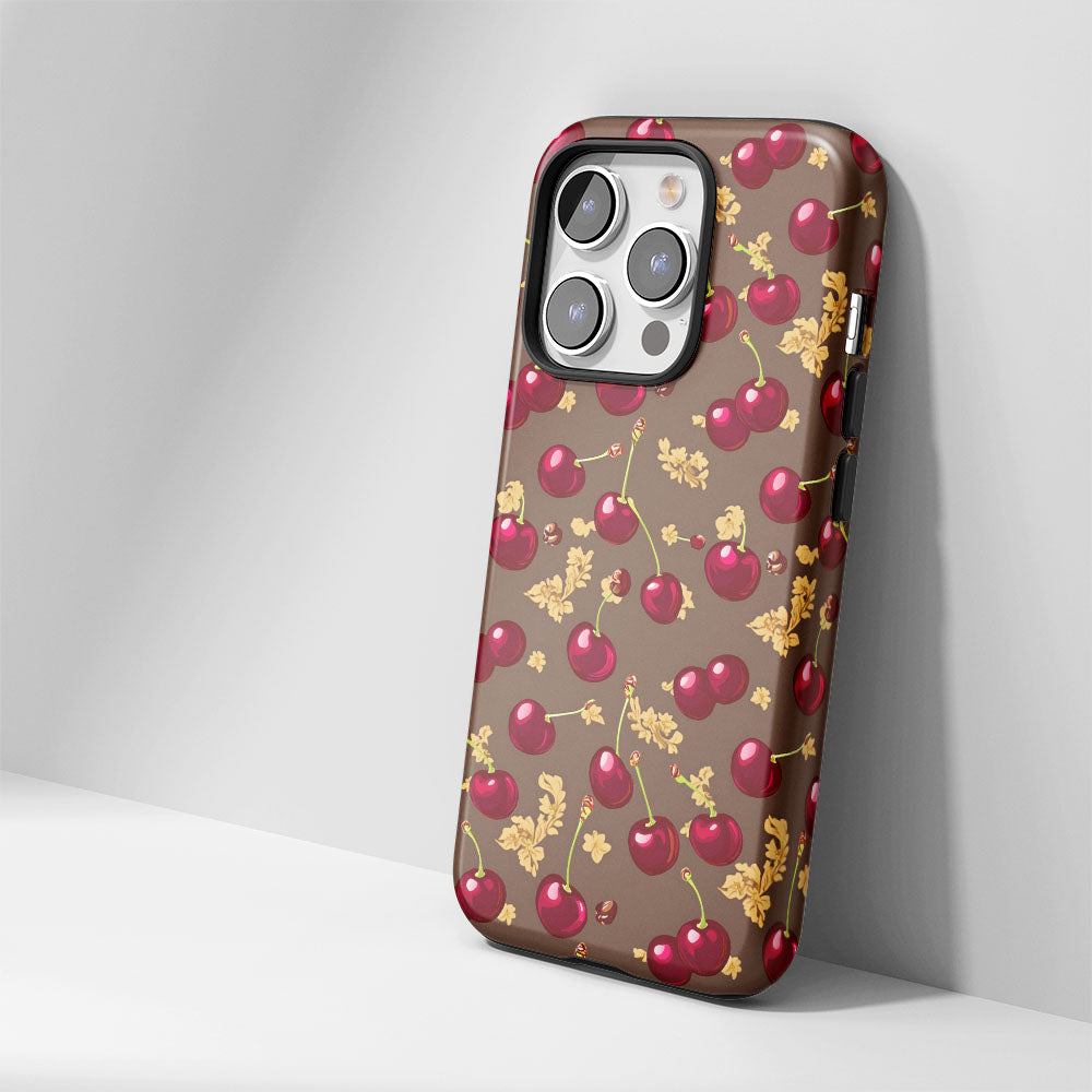 เคส iPhone สีเชอร์รี่ด้านเนื้อแข็งพิมพ์ลายด้วยมือสองชั้น