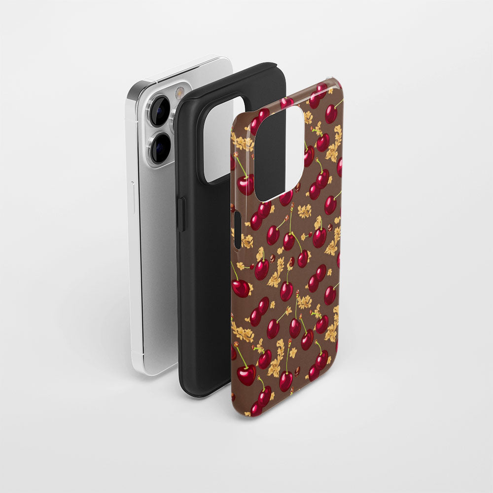 เคส iPhone สีเชอร์รี่ด้านเนื้อแข็งพิมพ์ลายด้วยมือสองชั้น
