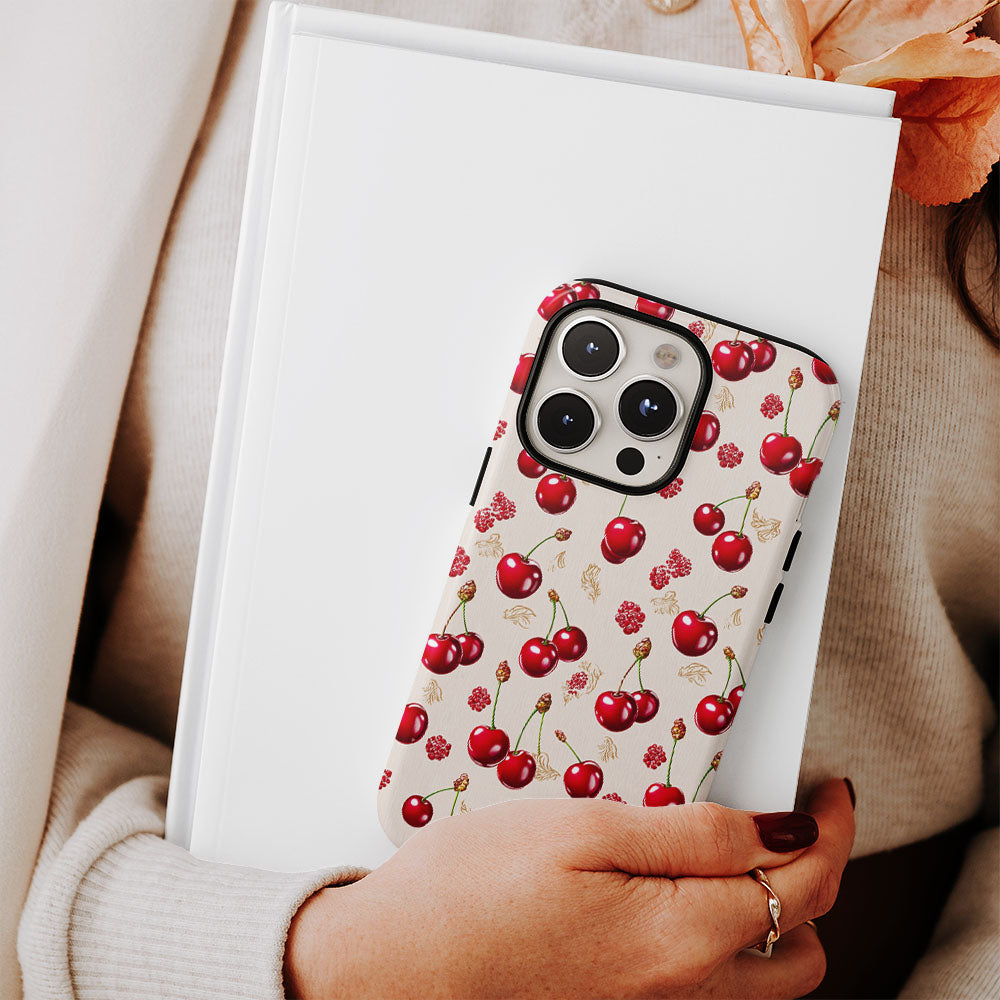 เคส iPhone สีเชอร์รี่ด้านเนื้อแข็งพิมพ์ลายด้วยมือสองชั้น