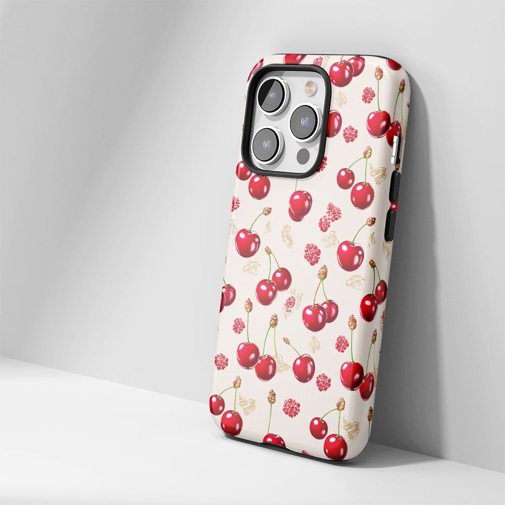 เคส iPhone สีเชอร์รี่ด้านเนื้อแข็งพิมพ์ลายด้วยมือสองชั้น