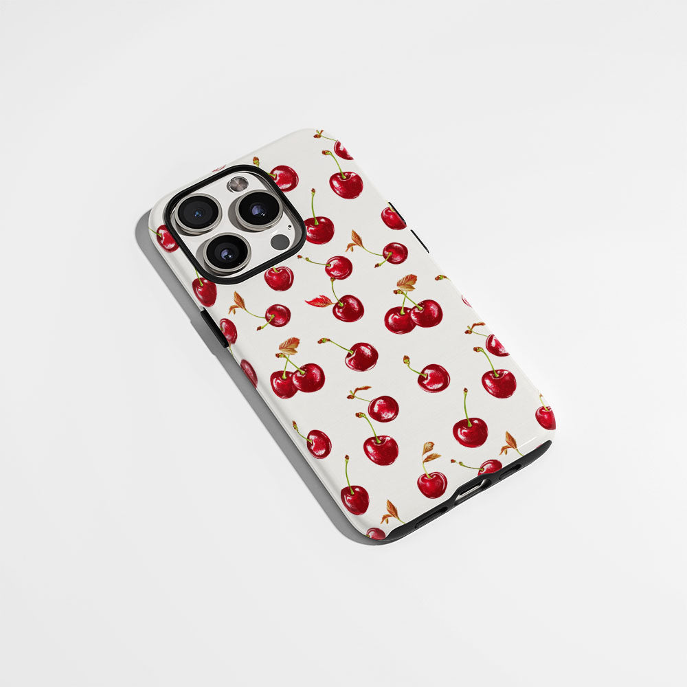 เคส iPhone สีเชอร์รี่ด้านเนื้อแข็งพิมพ์ลายด้วยมือสองชั้น