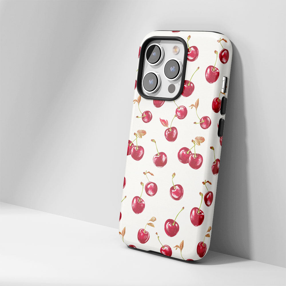 เคส iPhone สีเชอร์รี่ด้านเนื้อแข็งพิมพ์ลายด้วยมือสองชั้น