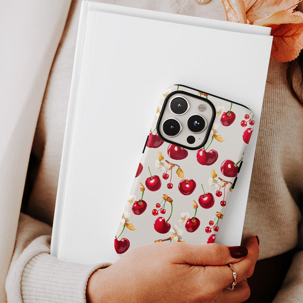 เคส iPhone สีเชอร์รี่ด้านเนื้อแข็งพิมพ์ลายด้วยมือสองชั้น