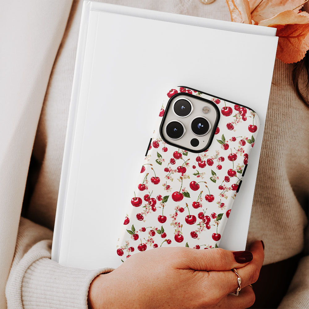 เคส iPhone สีเชอร์รี่ด้านเนื้อแข็งพิมพ์ลายด้วยมือสองชั้น