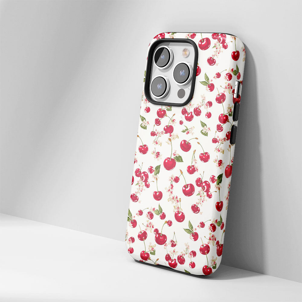 เคส iPhone สีเชอร์รี่ด้านเนื้อแข็งพิมพ์ลายด้วยมือสองชั้น