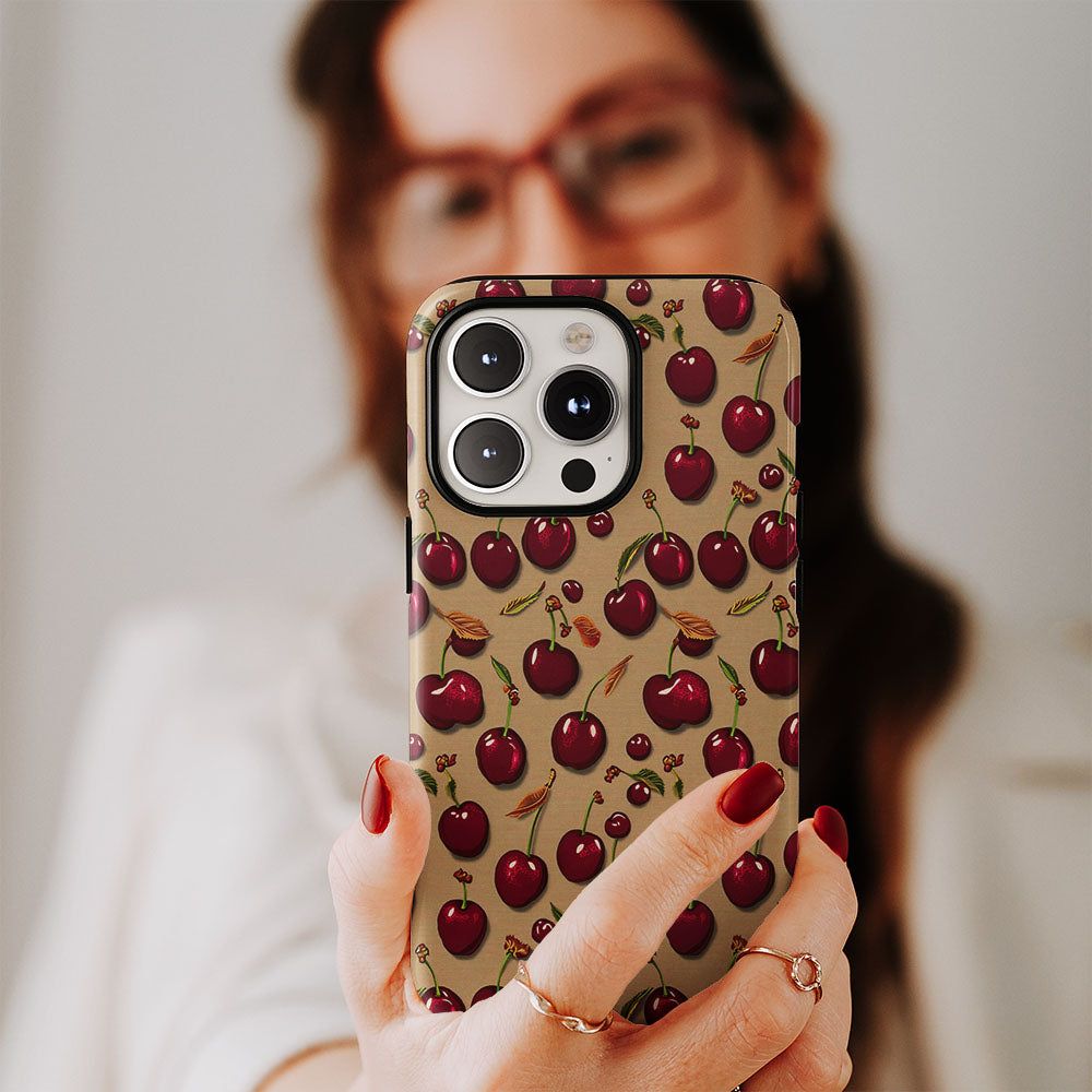 เคส iPhone สีเชอร์รี่ด้านเนื้อแข็งพิมพ์ลายด้วยมือสองชั้น