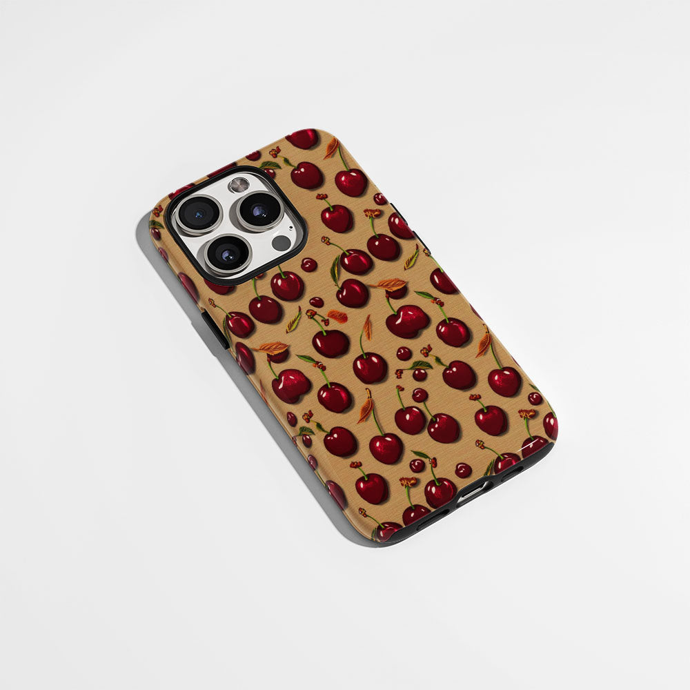 เคส iPhone สีเชอร์รี่ด้านเนื้อแข็งพิมพ์ลายด้วยมือสองชั้น