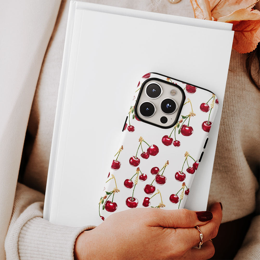เคส iPhone สีเชอร์รี่ด้านเนื้อแข็งพิมพ์ลายด้วยมือสองชั้น