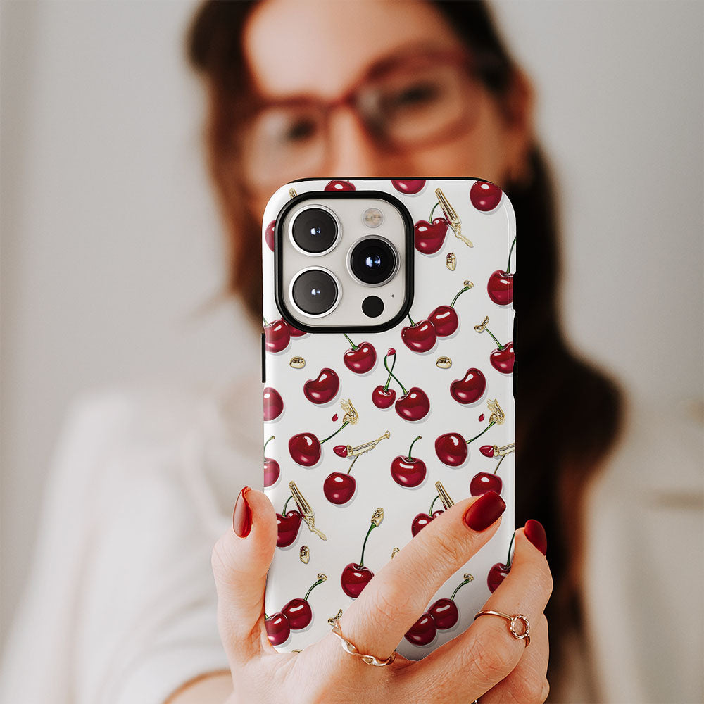 เคส iPhone สีเชอร์รี่ด้านเนื้อแข็งพิมพ์ลายด้วยมือสองชั้น