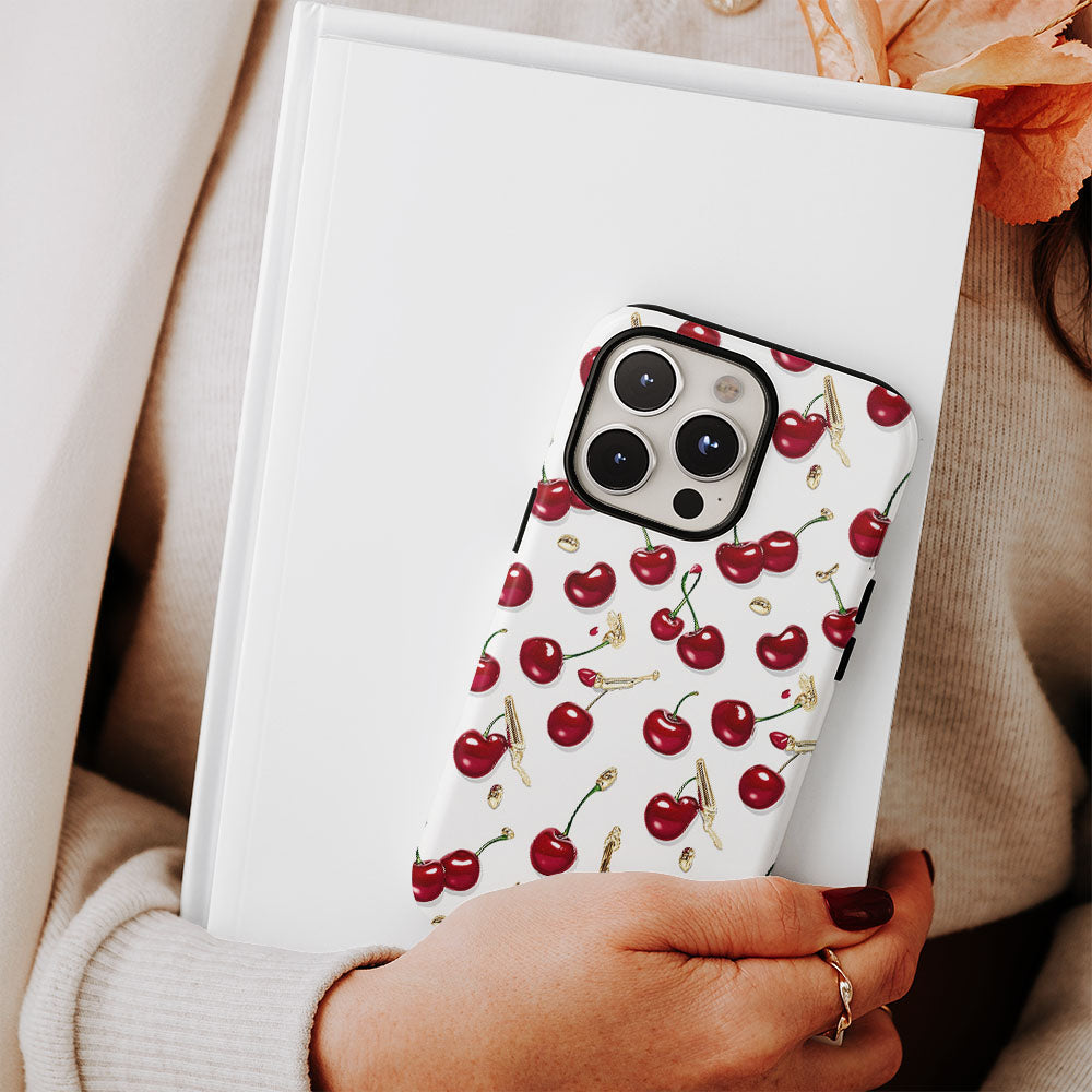 เคส iPhone สีเชอร์รี่ด้านเนื้อแข็งพิมพ์ลายด้วยมือสองชั้น