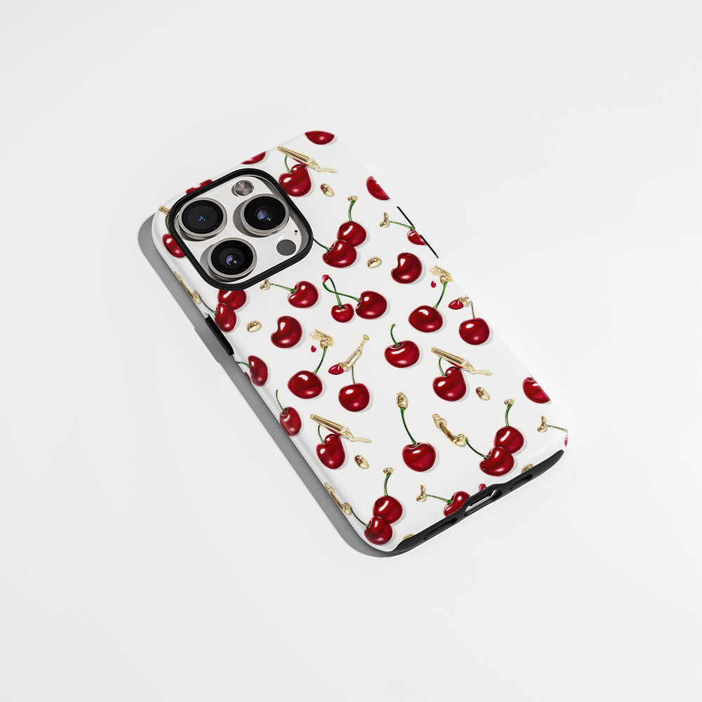 เคส iPhone สีเชอร์รี่ด้านเนื้อแข็งพิมพ์ลายด้วยมือสองชั้น