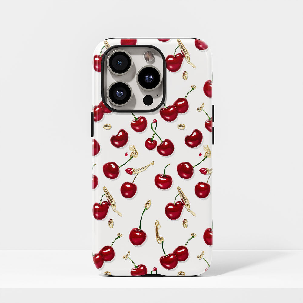 เคส iPhone สีเชอร์รี่ด้านเนื้อแข็งพิมพ์ลายด้วยมือสองชั้น