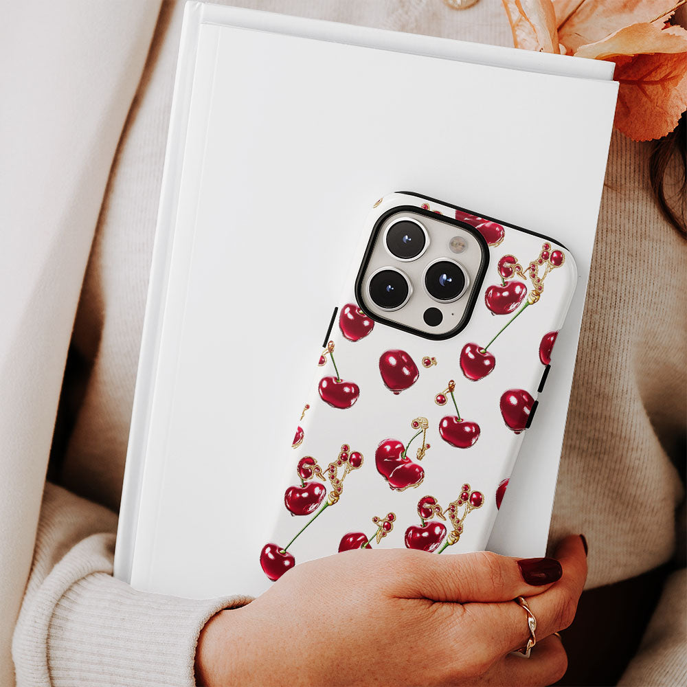 เคส iPhone สีเชอร์รี่ด้านเนื้อแข็งพิมพ์ลายด้วยมือสองชั้น