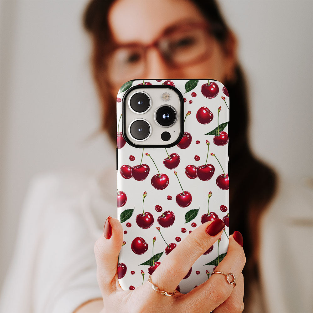 เคส iPhone สีเชอร์รี่ด้านเนื้อแข็งพิมพ์ลายด้วยมือสองชั้น