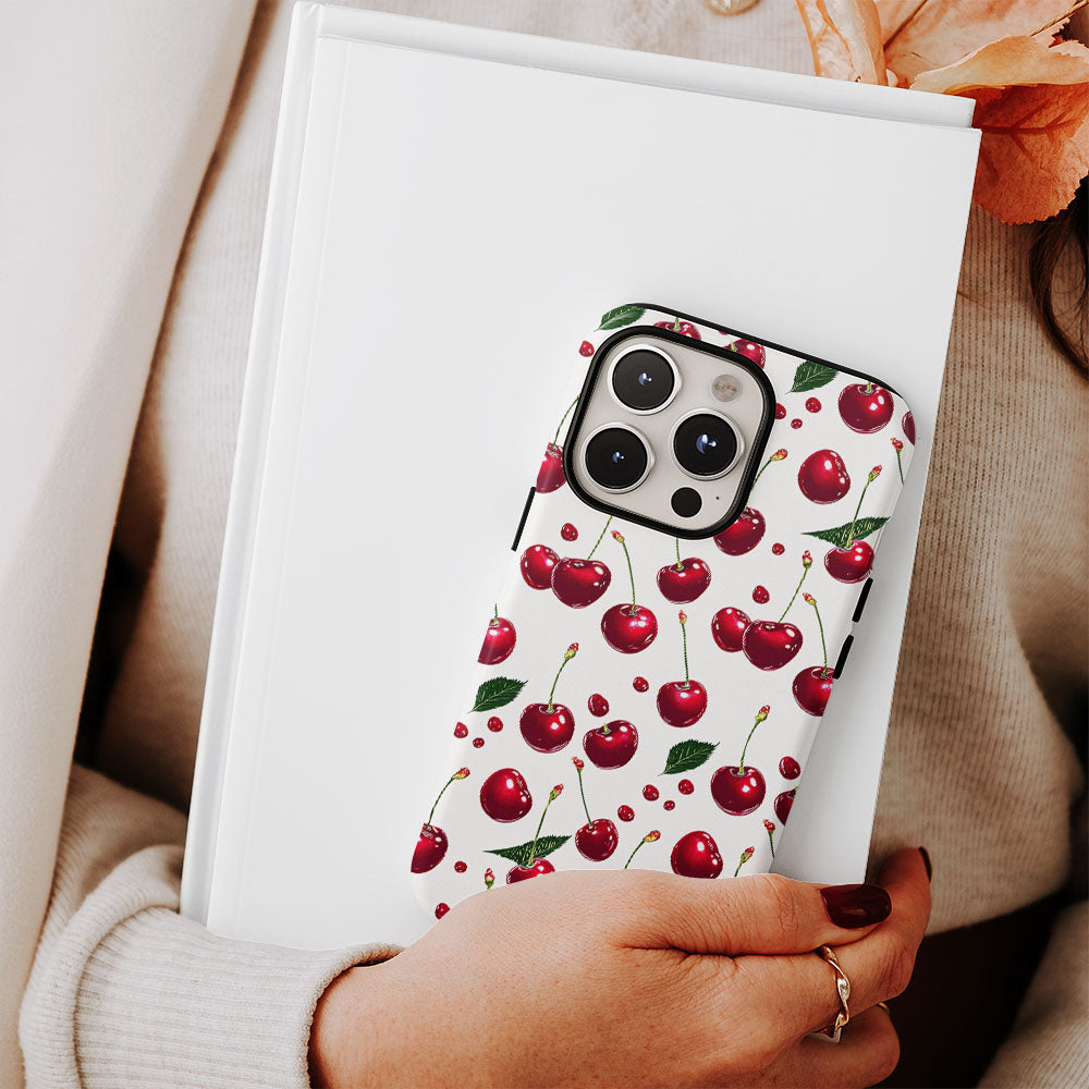 เคส iPhone สีเชอร์รี่ด้านเนื้อแข็งพิมพ์ลายด้วยมือสองชั้น