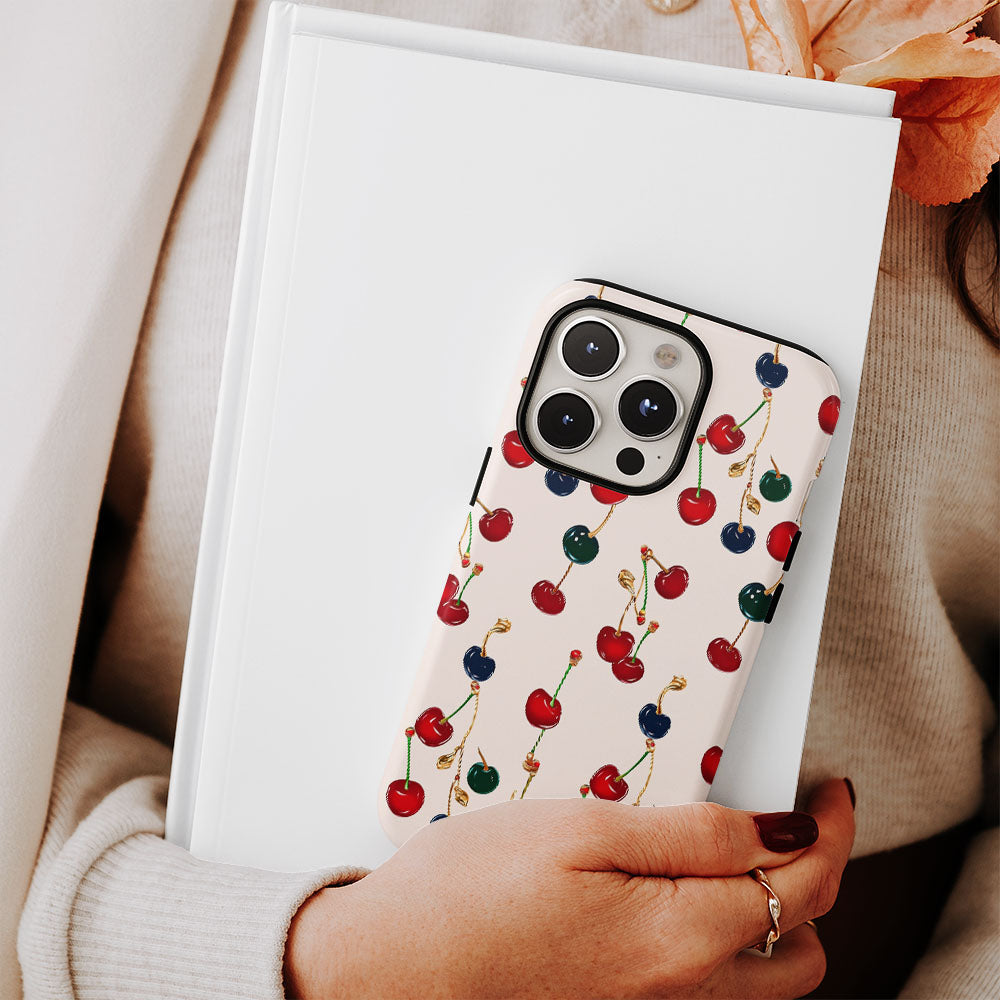 เคส iPhone สีเชอร์รี่ด้านเนื้อแข็งพิมพ์ลายด้วยมือสองชั้น