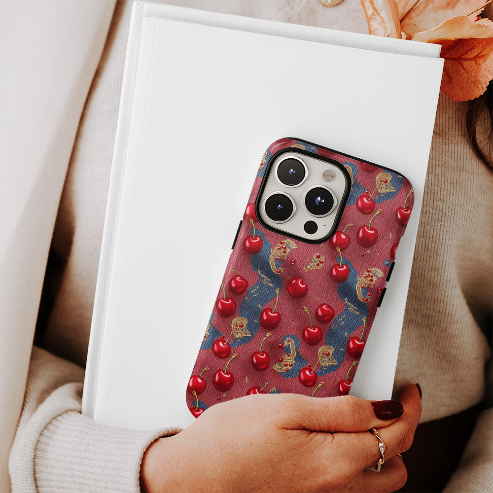 เคส iPhone สีเชอร์รี่ด้านเนื้อแข็งพิมพ์ลายด้วยมือสองชั้น