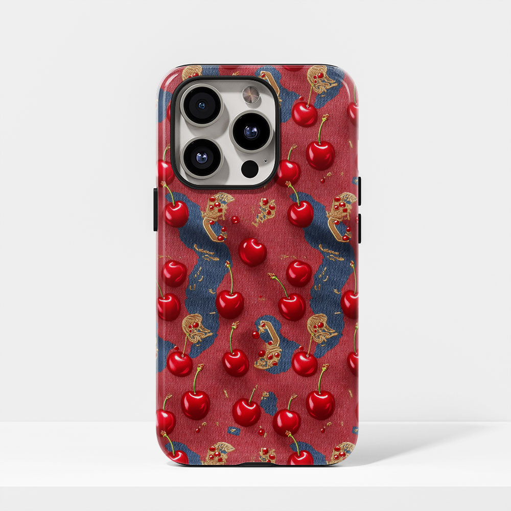 เคส iPhone สีเชอร์รี่ด้านเนื้อแข็งพิมพ์ลายด้วยมือสองชั้น