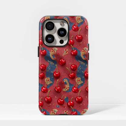 เคส iPhone สีเชอร์รี่ด้านเนื้อแข็งพิมพ์ลายด้วยมือสองชั้น