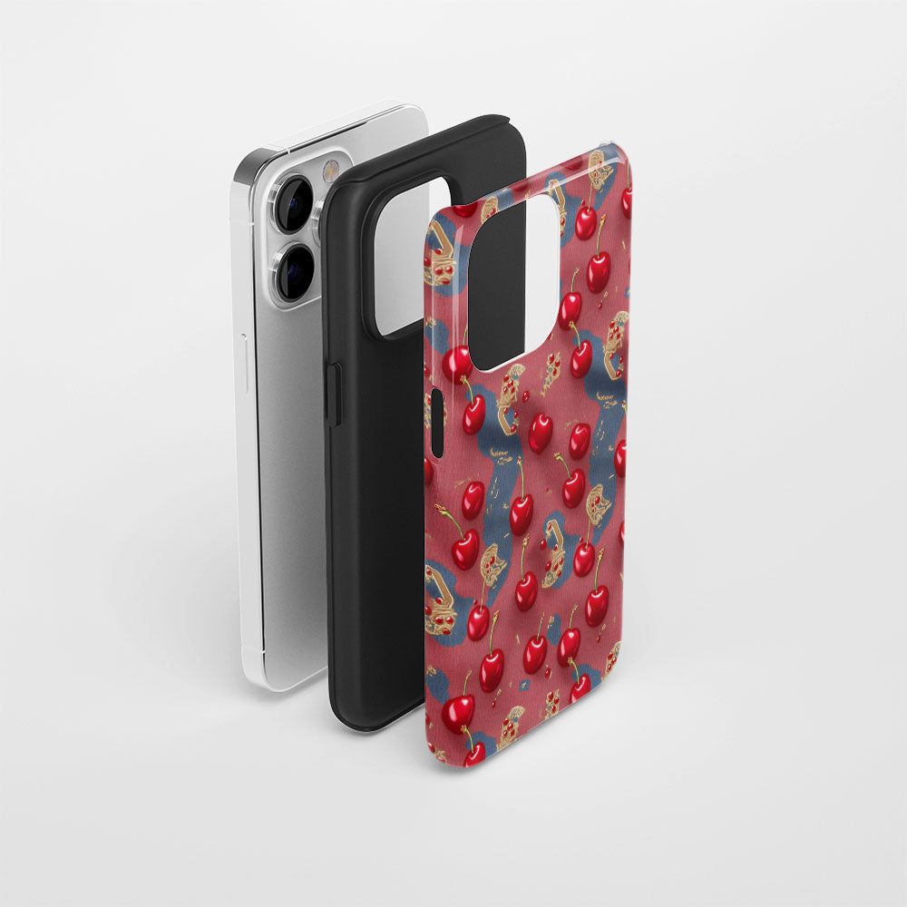 เคส iPhone สีเชอร์รี่ด้านเนื้อแข็งพิมพ์ลายด้วยมือสองชั้น